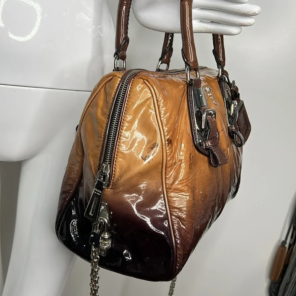 Prada Brown Vernice Sfumata Ombré Patent Leather Satchel Crossbody Bag